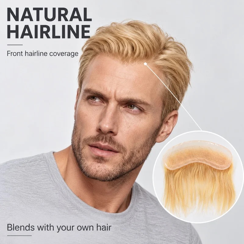 Natural Hairline Transparent Lace Human Hair Frontal Hairpiece Men 4x18cm 6 Inches #22 Blonde Hairline Replacement Patch