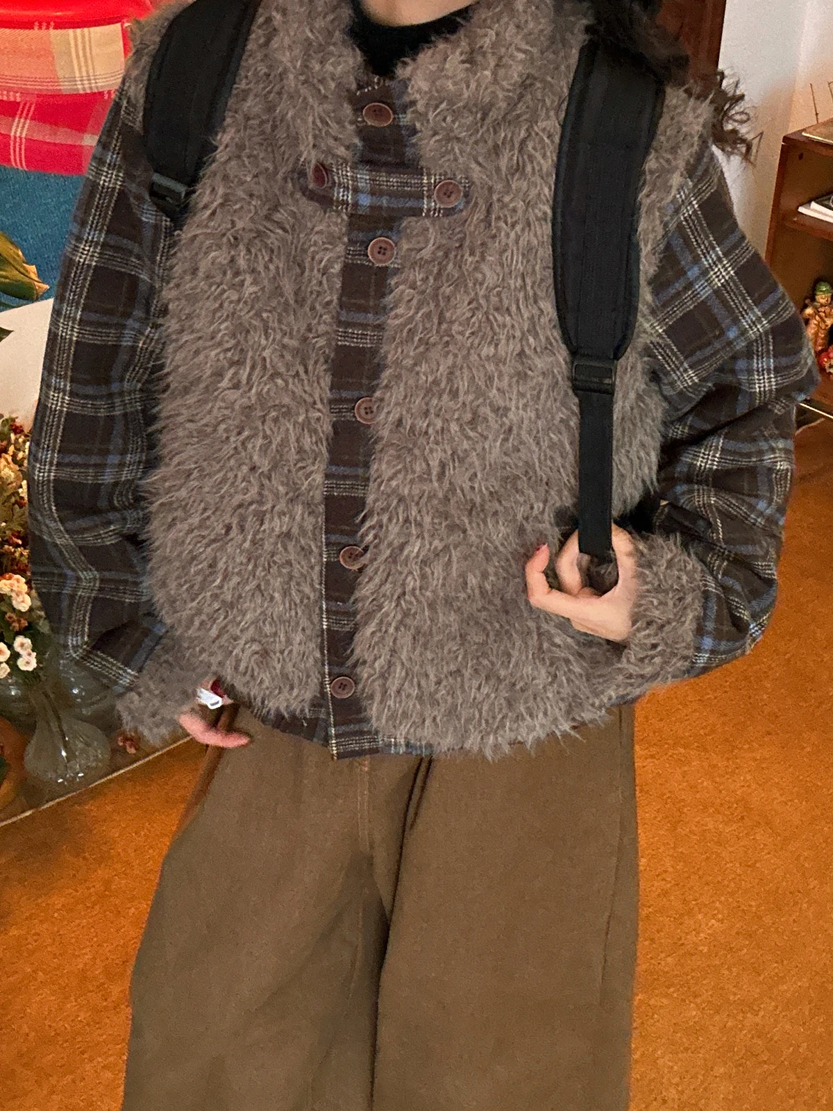 

Women's Retro Plaid Splicing Lamb Fur Jaet Winter New Thiened Warm Loose Versatile Cotton Coat Long Sve round Ne Sin...