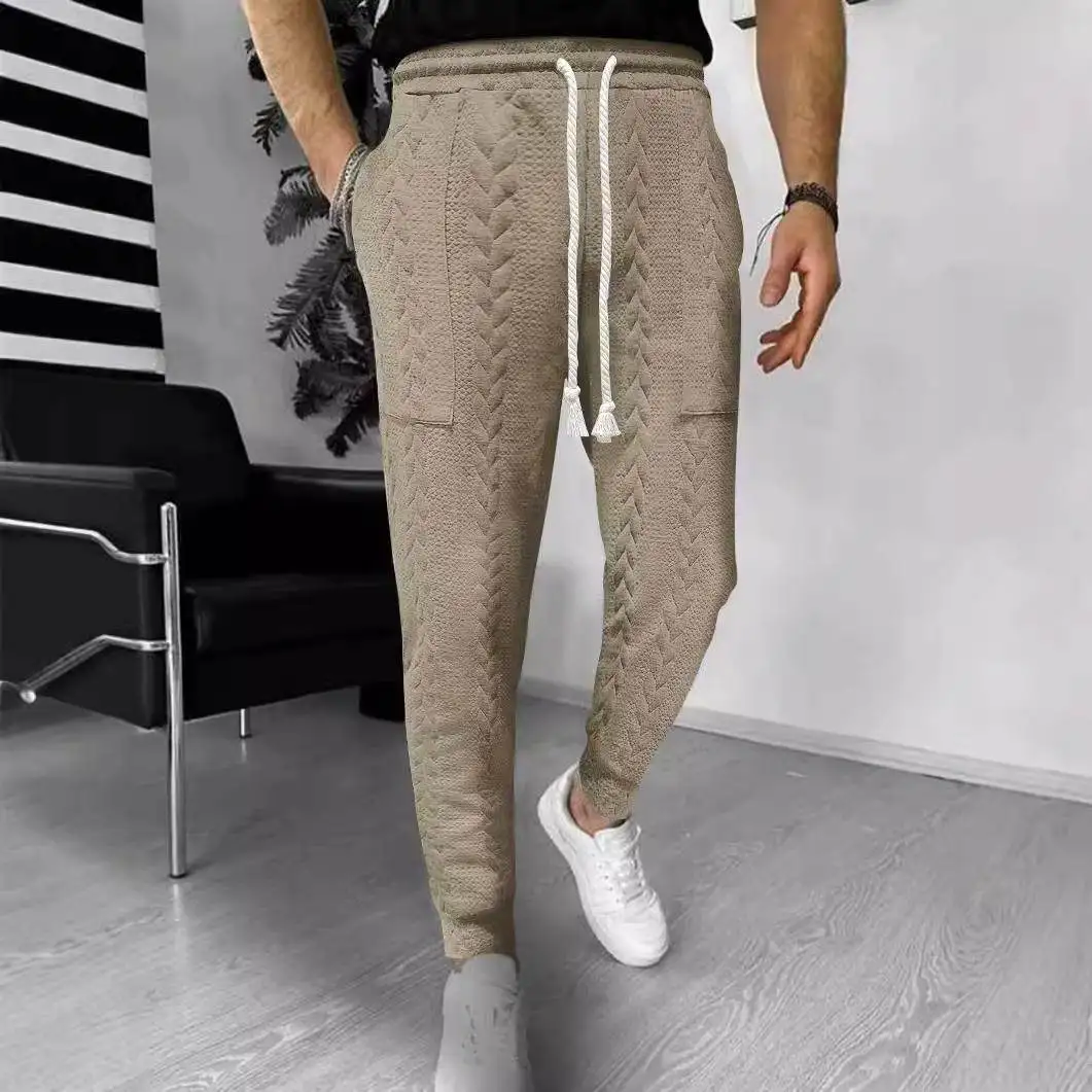 New 2024 Men's Comfortable Casual Straight Leg Drawstring Trousers Pure Color Floral Patterned mid Waist Neutral Style