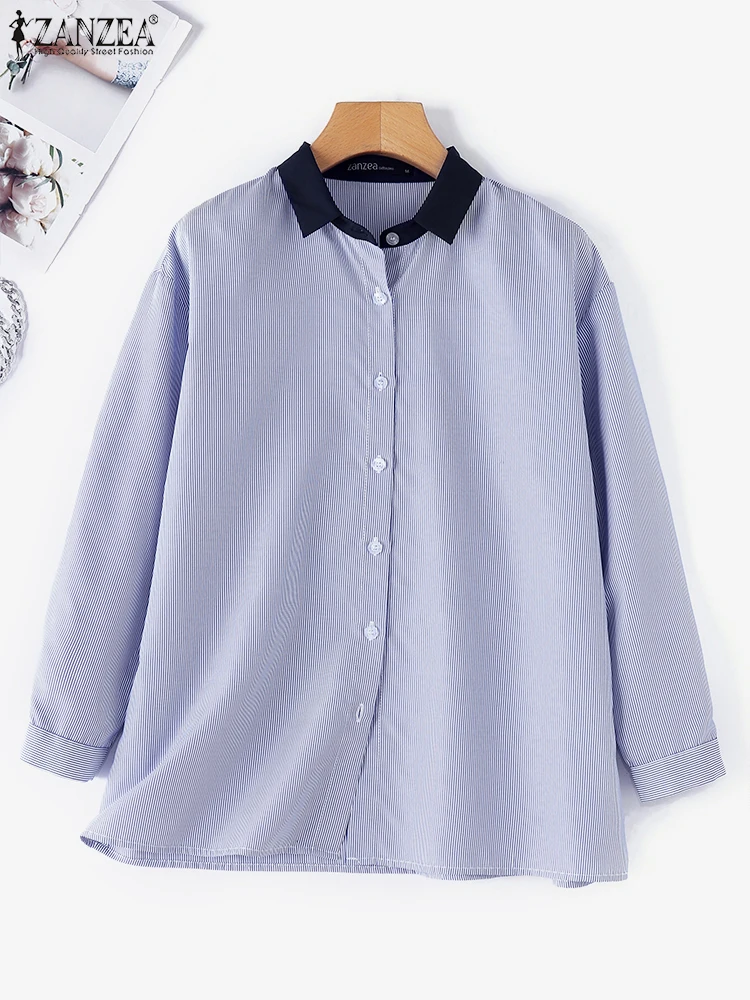 ZANZEA 2024 Commuting Buttons Shirts Women Casual Drop Shoulder Long Sleeve Tops Turn Down Collar Stripes Splicing Blouses