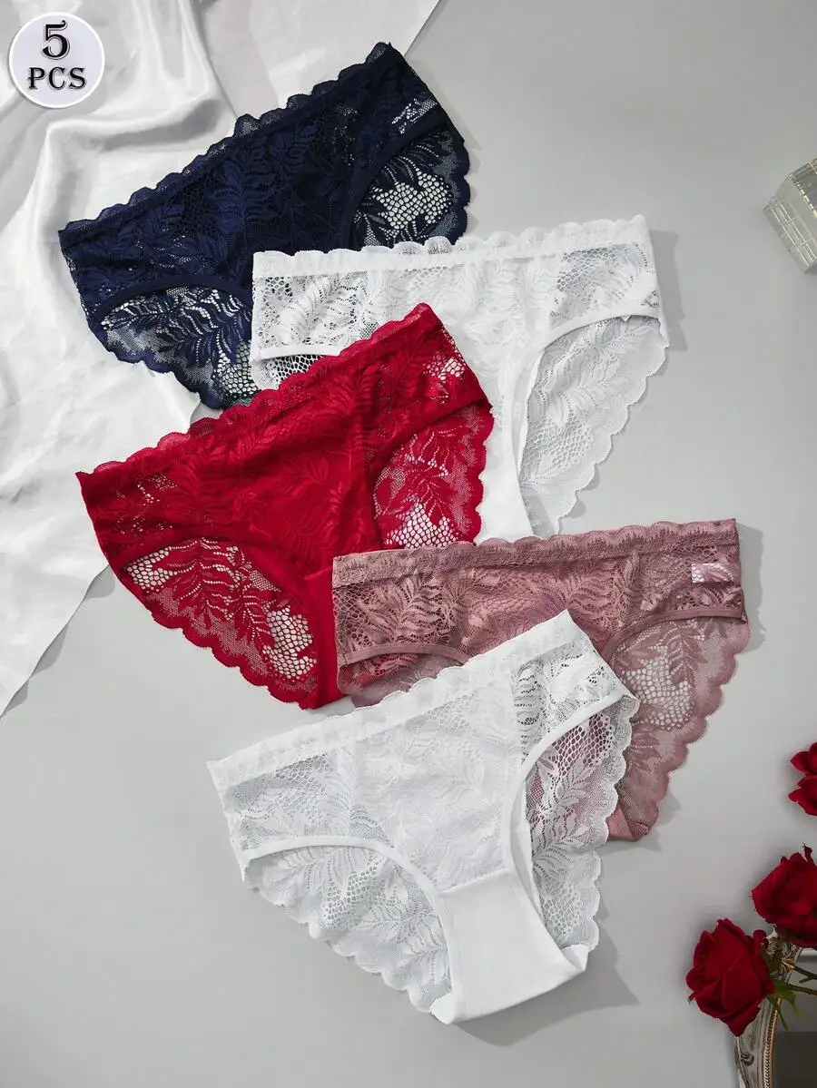 

5pcs Floral Lace Bikini Panties For Women Comfortable Lace Trim Underwear Set
