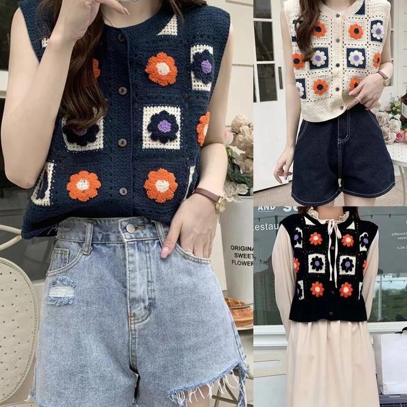 Vintage Sweet Cotton Cardigan Women Summer Sleeveless Tops Flower Crochet Vest Tops Round Collar for Young Girls Student