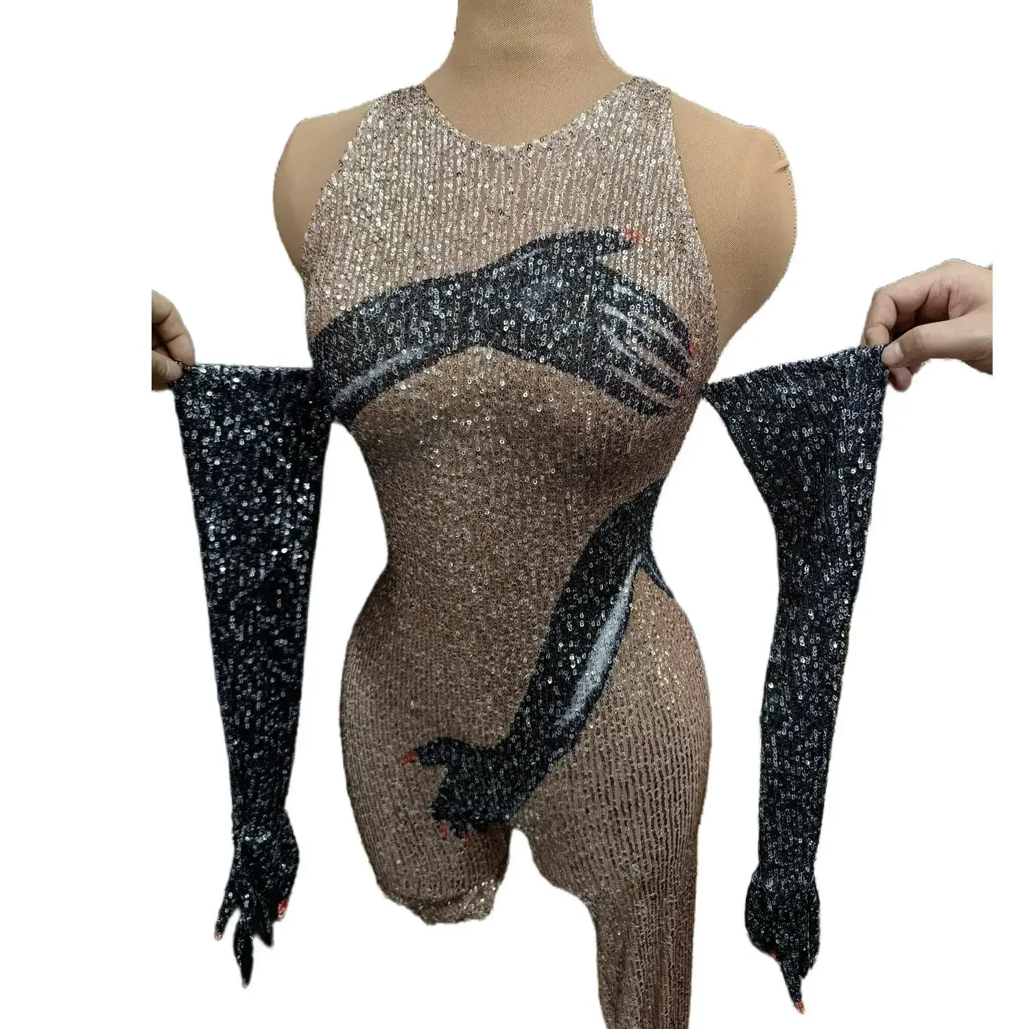 Shining Sequins Evening Prom Celebriate Birthday Jumpsuit Sexy Black Hand Bodycon Bodysuit Gloves Women Show Stage Wear Heishou