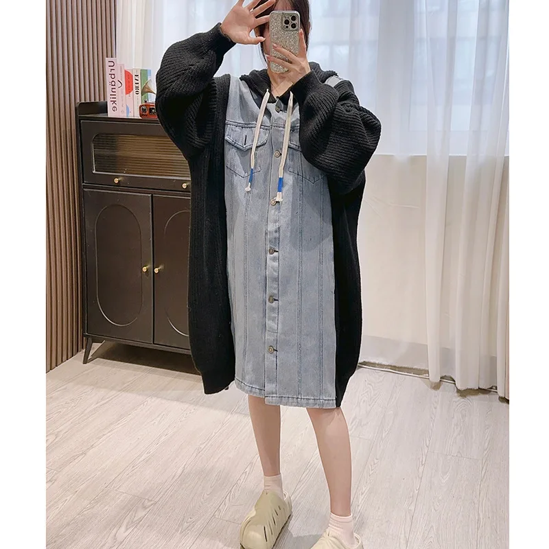 SuperAen Denim Patchwork Sweater Coat Women 2024 Autumn Winter New Fashion Design Long Hooded Knitting Cardigan Casual Coat