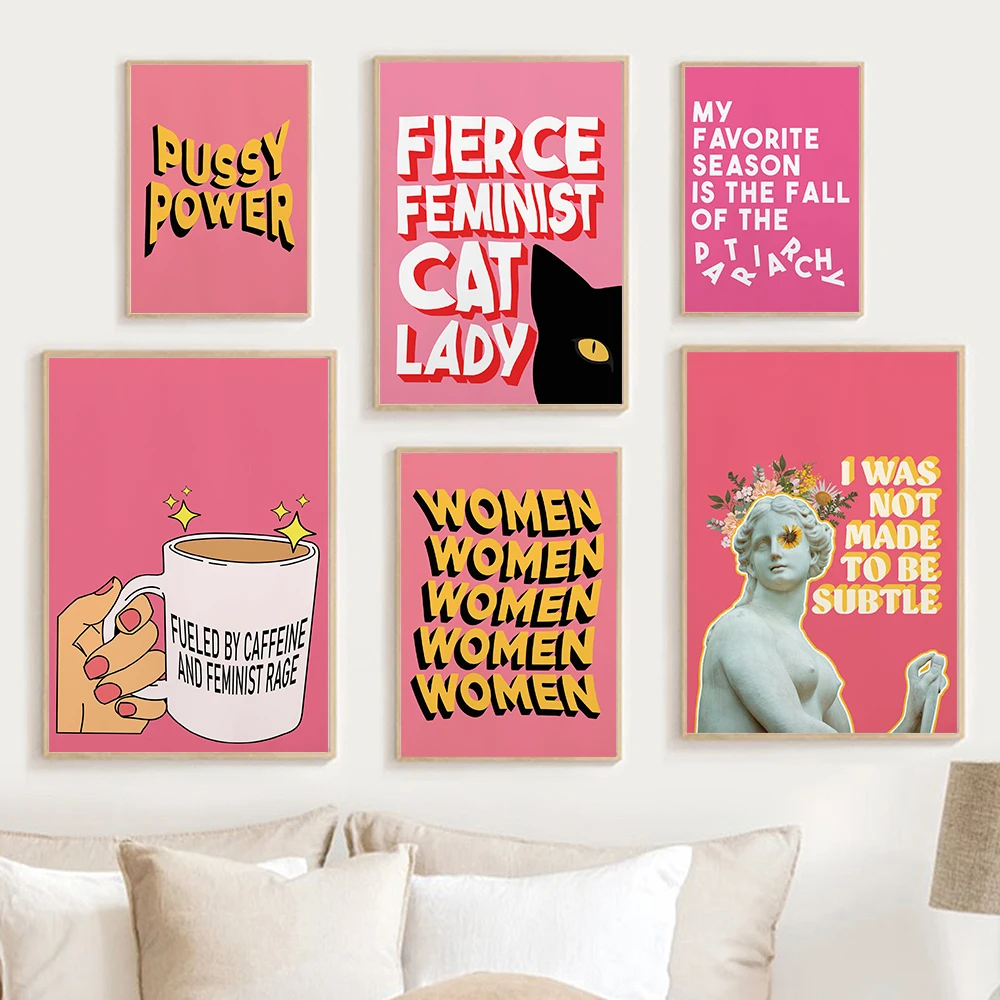 1pc frameless Feminist Cat Lady Pink Wall Art Poster Preppy Dorm  Pussy Power Quote Prints Girls Bedroom Retro Home Canvas
