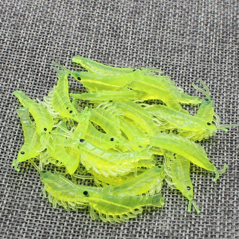 50pcs/lot New Soft Silicone Shrimp Luminous Fishing Lures 39mm 0.4g Small Light Green Freshwater Fishing Shrimp Bait Soft Bait