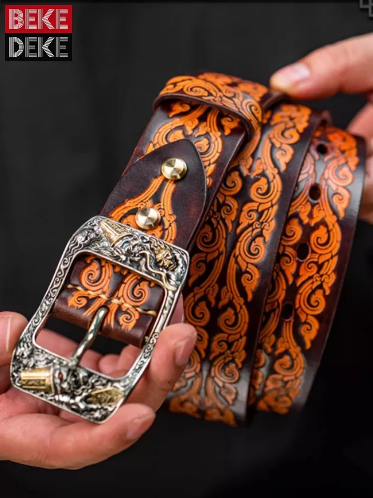 Retro Chinese Style Men Genuine Leather Belts Accessory Needle Buckle Handmade High Quality Embossed Cowskin Waistband For Jeans