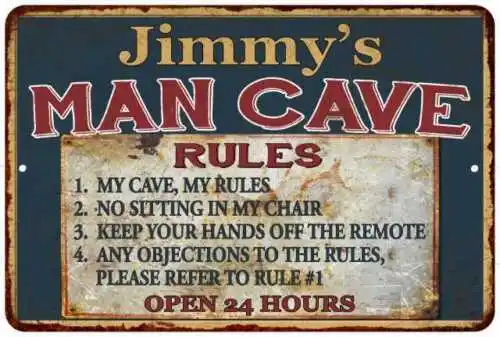 Jimmy's Man Cave Rules Chic Rustic Green Sign Home Metal 108120049235