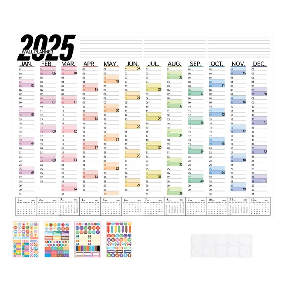 

Foldable 2025 Calendar Planner Sheet Plastic with Colorful Stickers Target List Schedule Decorative Planning Wall Calendar