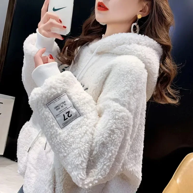 2023 Winter Warm Faux Lamb Fur Oversize Orange Hoodie Casual Women Fleece Sweatshirt Crop Top Loose Pullover Sweat Femme Pink