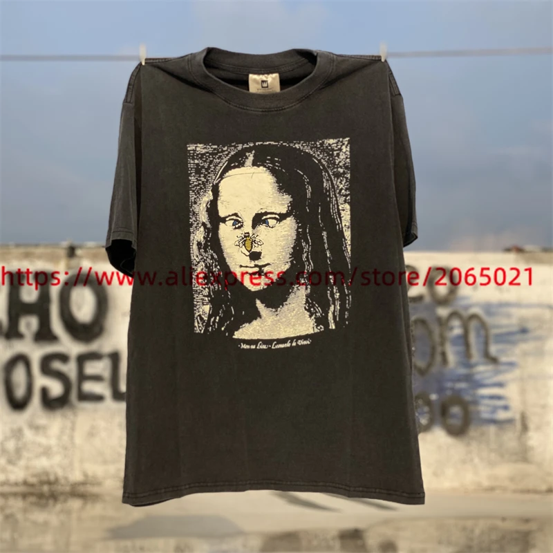 Washed Mona Lisa Bee Print T-shirt Men Women Best Quality 2024ss Tee Tops T Shirt