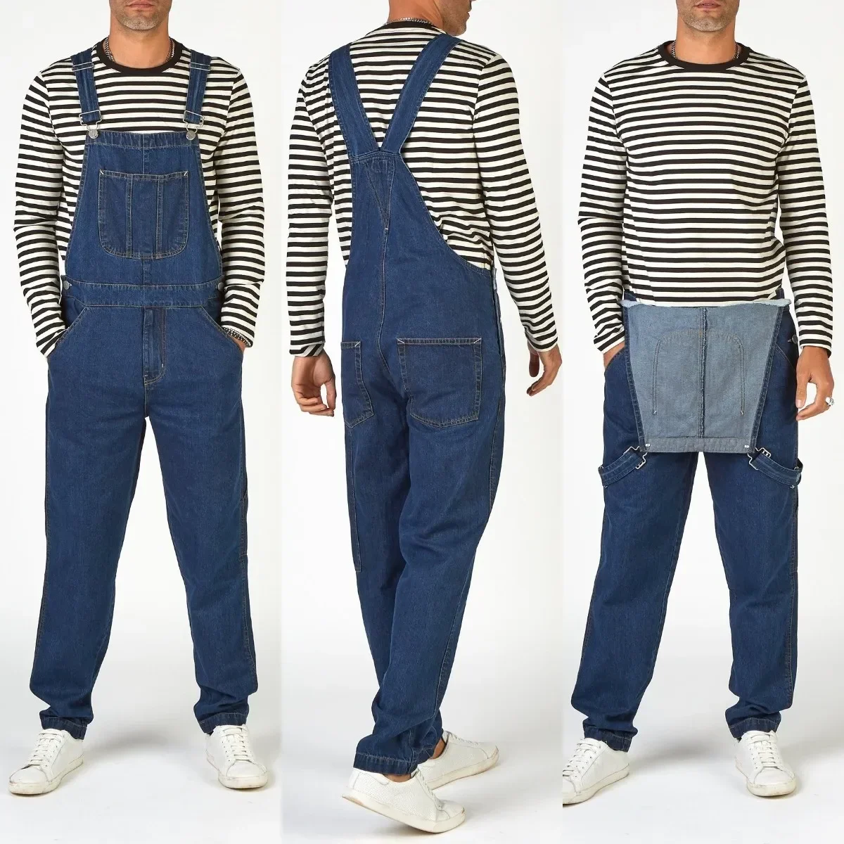 Men Jeans Jumpsuits Denim Overalls Mid Waist Pockets One Piece Casual Pencil Pants Solid Washing Safari Style Ankle Length