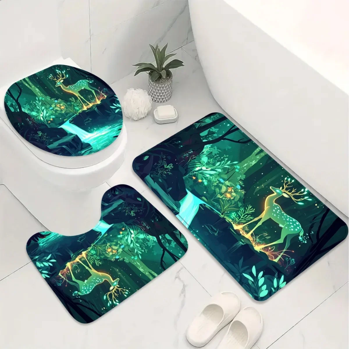 3Pcs Magical Glowing Elk Forest Bathroom Rug Set, Fantasy Enchanted Dark Green Forest Waterfall Glowing Sika Deer Art Print Non‑Slip Bath Mat, U‑Shaped Contour Rug and Toilet Lid Cover, Mystical Fantasy Woodland‑Theme Bathroom Floor Decor Mats