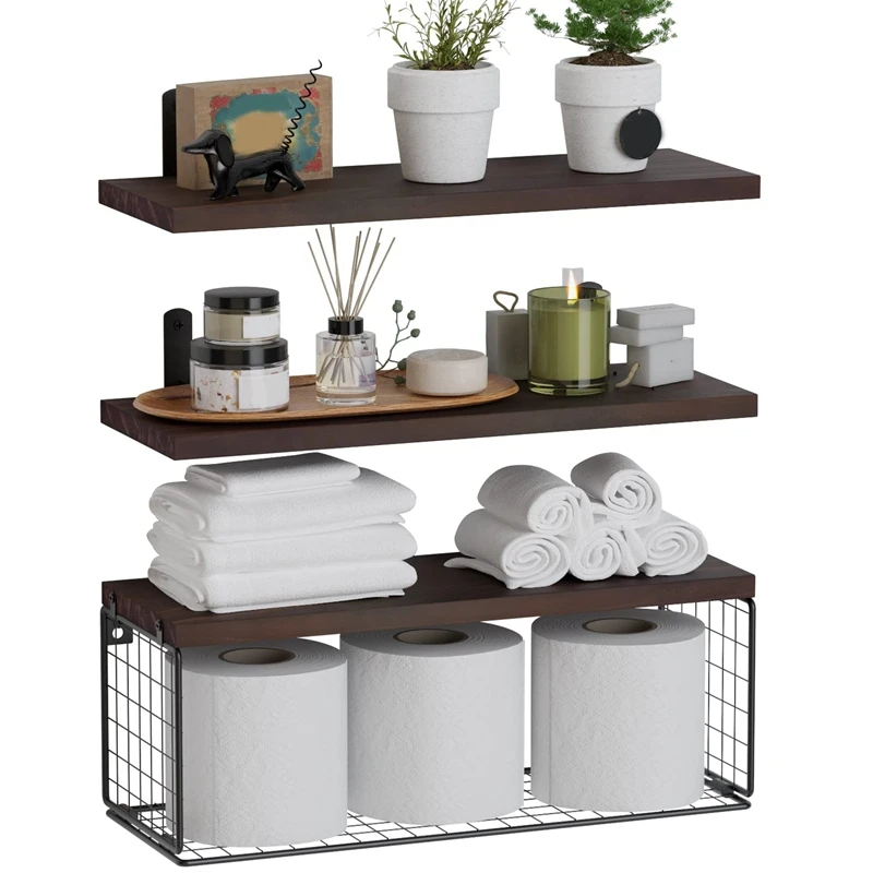 Bathroom Shelves Over Toilet, Floating Bathroom Wall Shelves With Wire Basket, Shelf For Wall Decor