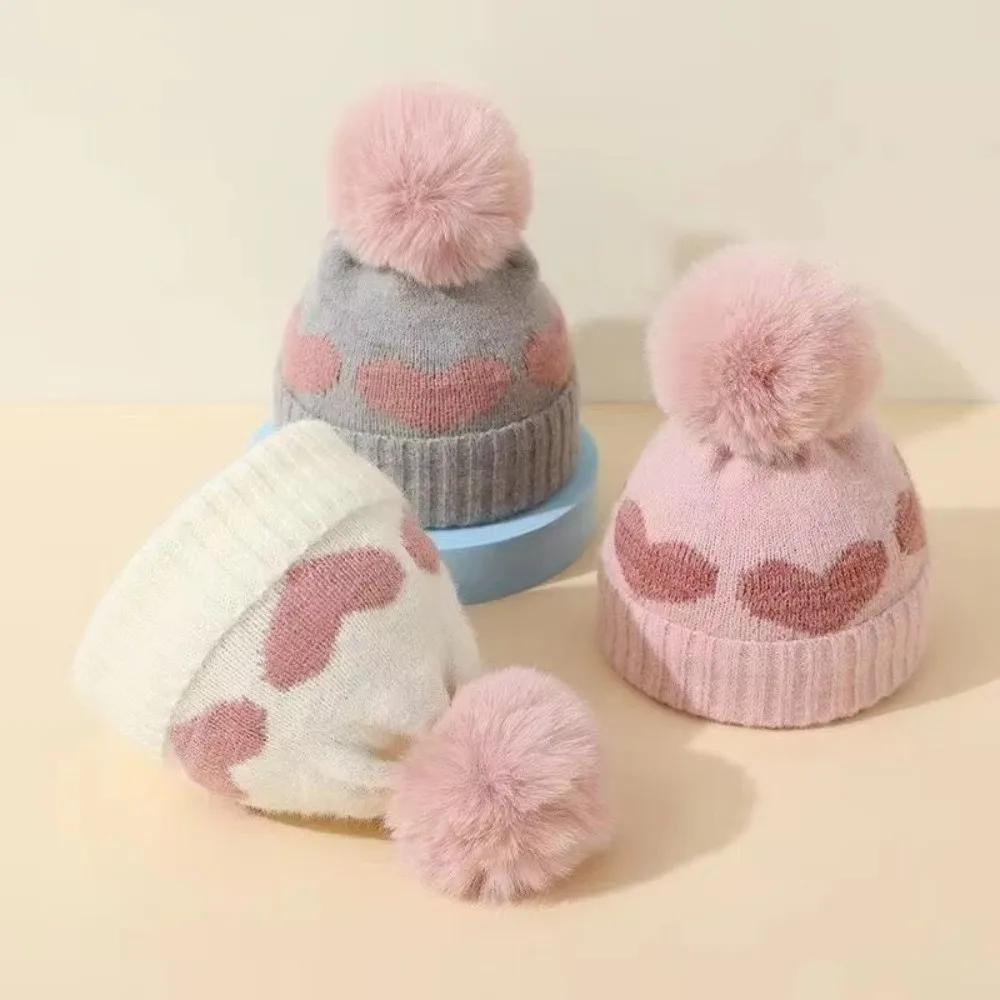 

Heart Pattern Knitted Woolen Cap Thickened Double Layer Newborn Beanie Cap Keep Warm Windproof Winter Baby Hat