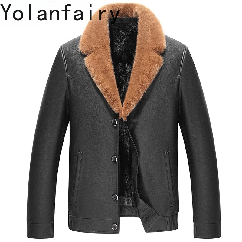 YOLANFAIRY Genuine Goatskin Leather Jacket Man Winter Whole Grey Mink Fur Liner Coat Short Real Leather Coat Fur Coats Jackets