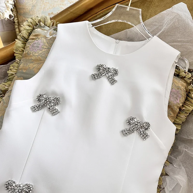 Machine Embroidery Rhinestone Bow Dress Women 2024 Summer New Sleeveless Simple High Sense Slim Fit French Dress White Dress