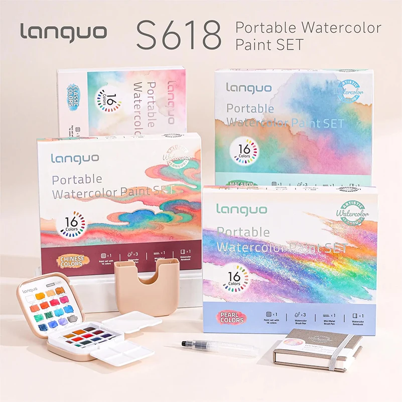 LANGUO 16 Colors Mini Portable Solid Watercolor Paint Set with Brush & Palette, Travel Sketching Box for Art Drawing Sketching