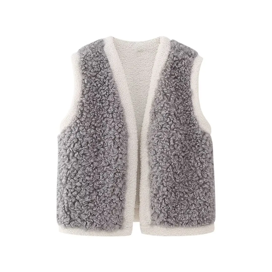 

Vintage Woman Sleeveless Fleece Vest Open Stitch Loose Female Streetwears Elegant Office Party ladies Tops girls Outwear