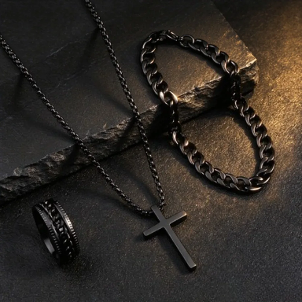 Punk Cross Pendant Necklace Bracelet Chain Ring Men's Set Simple Personality Hip Hop Party Three Piece Jewelry
