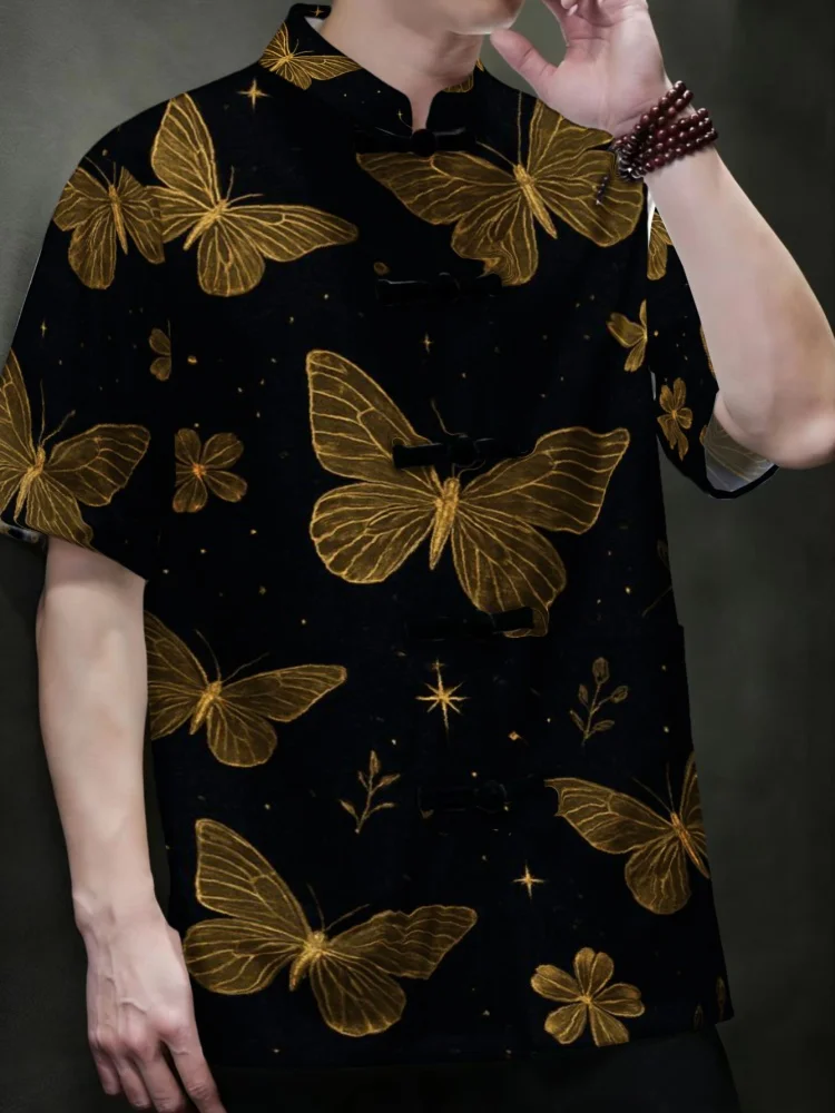 

Casual Tang Shirt Men's Vintage Golden Butterfly Pattern Chinese Style Tunics Summer Oriental Mandarin Collar Frog Button Tops