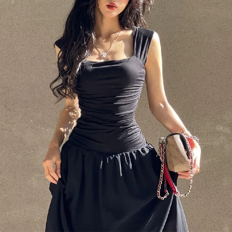 

Women Summer Party Long Dress Sexy Ruched Bodycon Black Maxi Dresses Korean New Elegant Temperament High-waist Vestidos Y2k