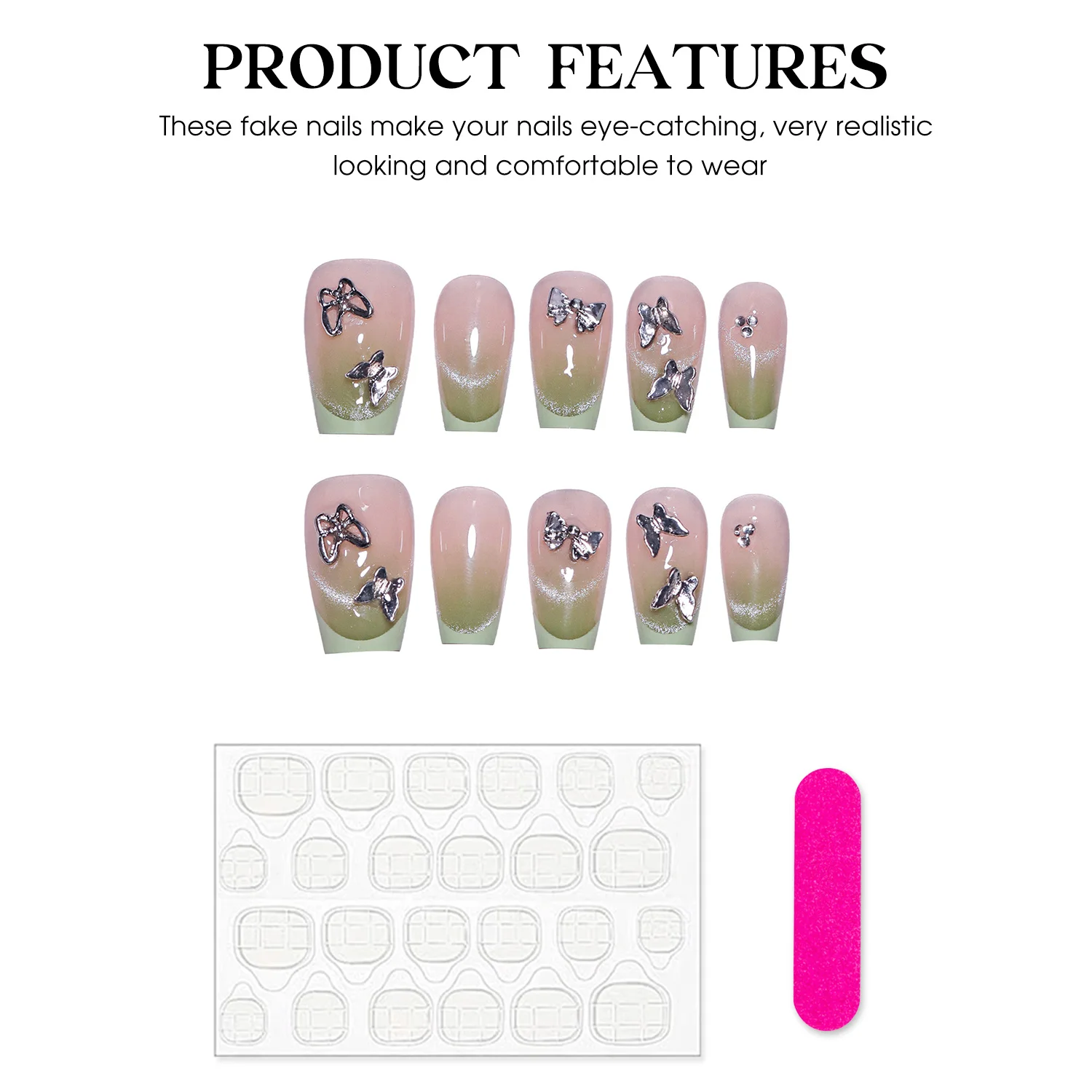 Handmade French Tips Fake Nails Glossy Green Cat Eye Press On Nails With 3D Metal Butterfly Decors Wearable Short T False Nail