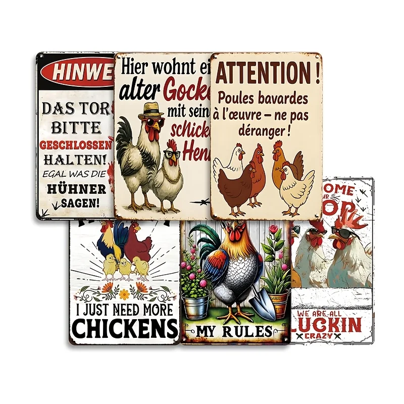 2D Flat, 6pcs Retro Farm Hen & Rooster Metal Wall Signs, My Garden My Rules & Sarcastic Quote Vintage Art, 2D Flat Printing Dist