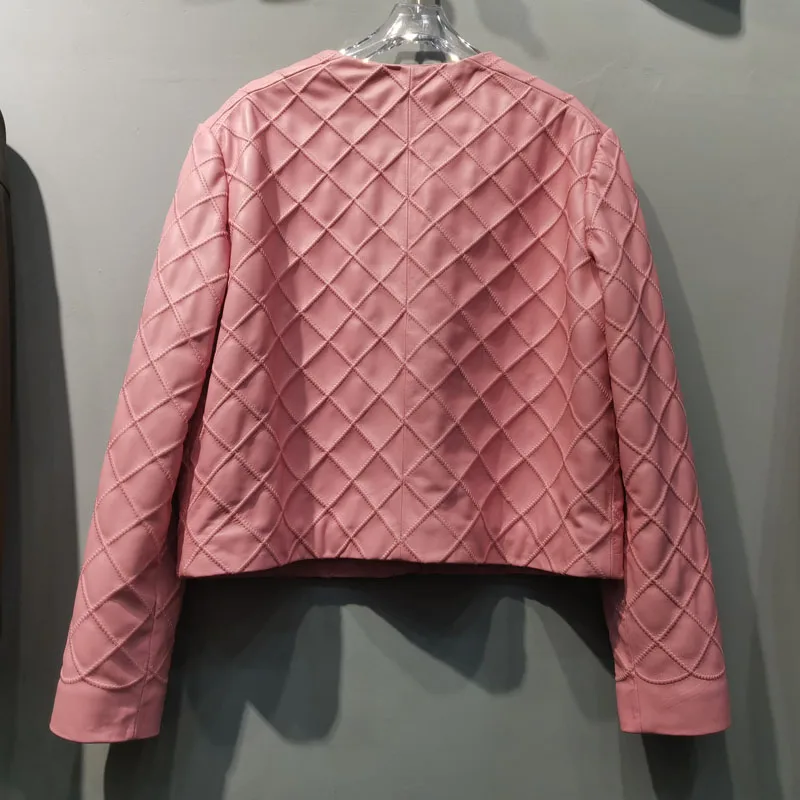 Chaqueta de cuero genuino de longitud corta para mujer, abrigo de Primavera de una sola botonadura, decoración de celosía de diamante, alta calidad, nueva moda