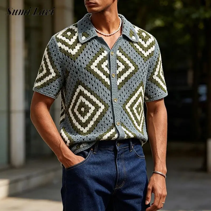 Daily Leisure Mens Short Sleeve Knit Shirts Summer Vintage Buttoned Lapel Knitted Shirt Tops Men Stylish Buttoned Lapel Cardigan
