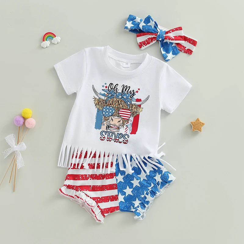 

Independence Day Baby Girl Outfits Patriotic Short Sleeve Shirt American Flag Shorts Matching Headband Set for Toddlers