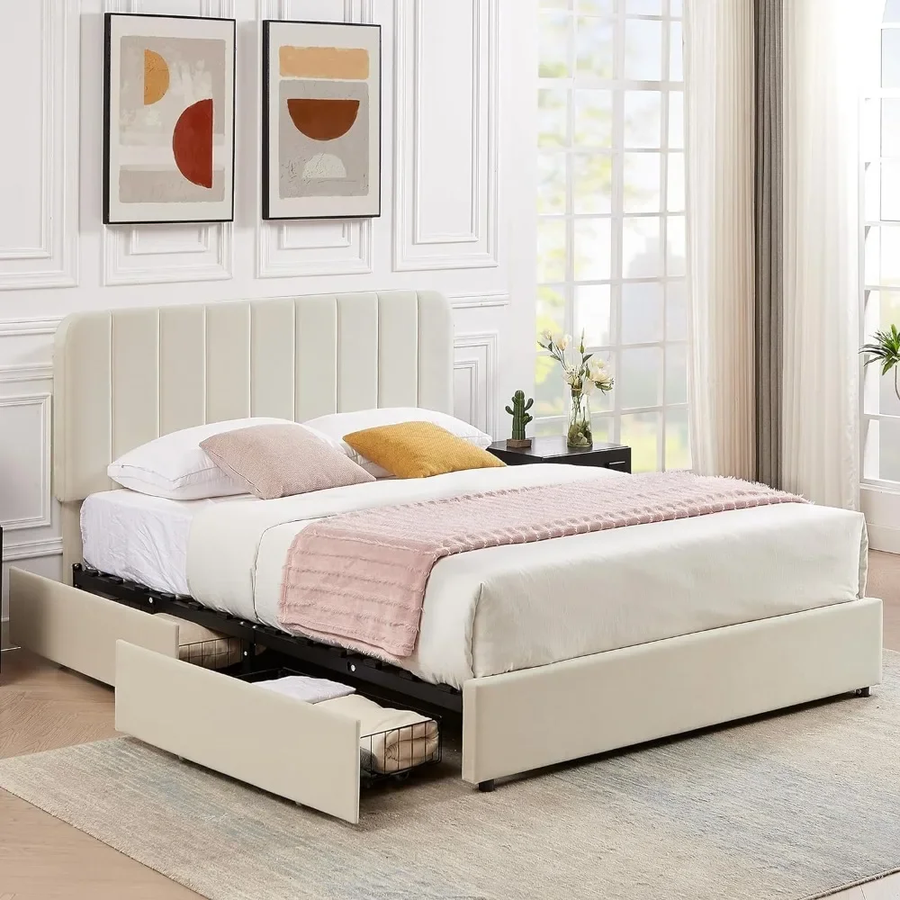 Full Size Upholstered Bed Frame with 4 Drawers and Adjustable Headboard, Velvet Platform Storage Bedframe Mattress Foundation,