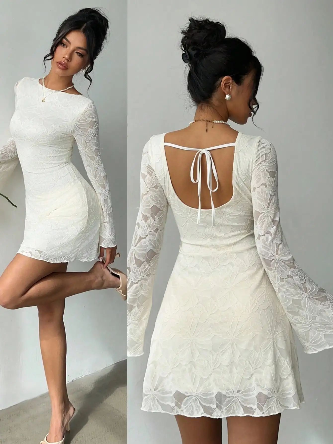 

Кремовое кружевное мини-платье с длинными рукавами и открытой спиной на завязках, элегантное платье для вечеринок и свадебных торжеств