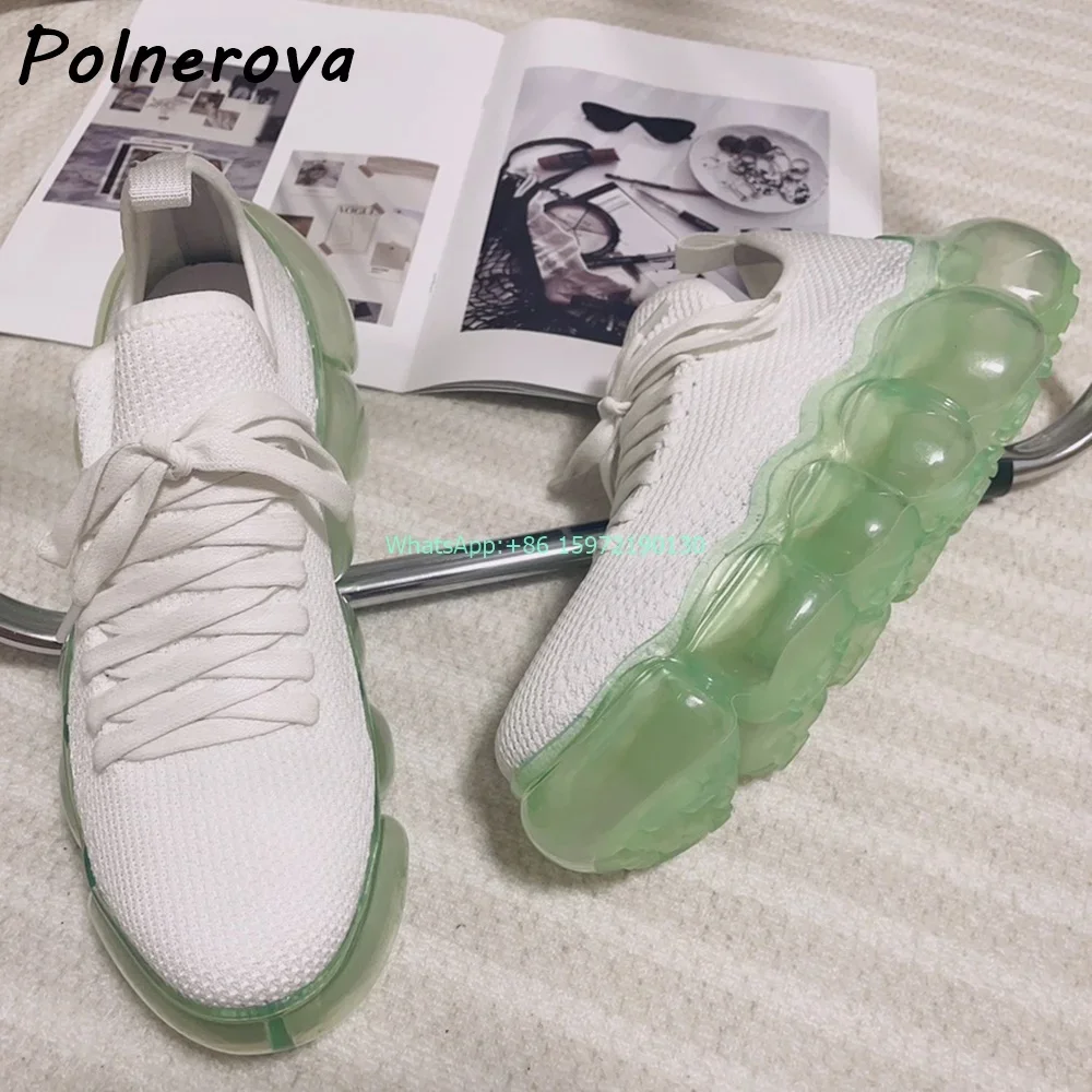 

White Green Bubble Heels Sneakers Round Toe Cross Tied Mixed Color Shallow Pumpsumps 5Cm Thick Soled High Increase Leisure Shoes