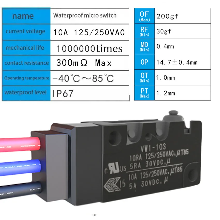 1Pcs VW1 switch high travel limit detection charging gun long button Waterproof IP67 micro switch image 2