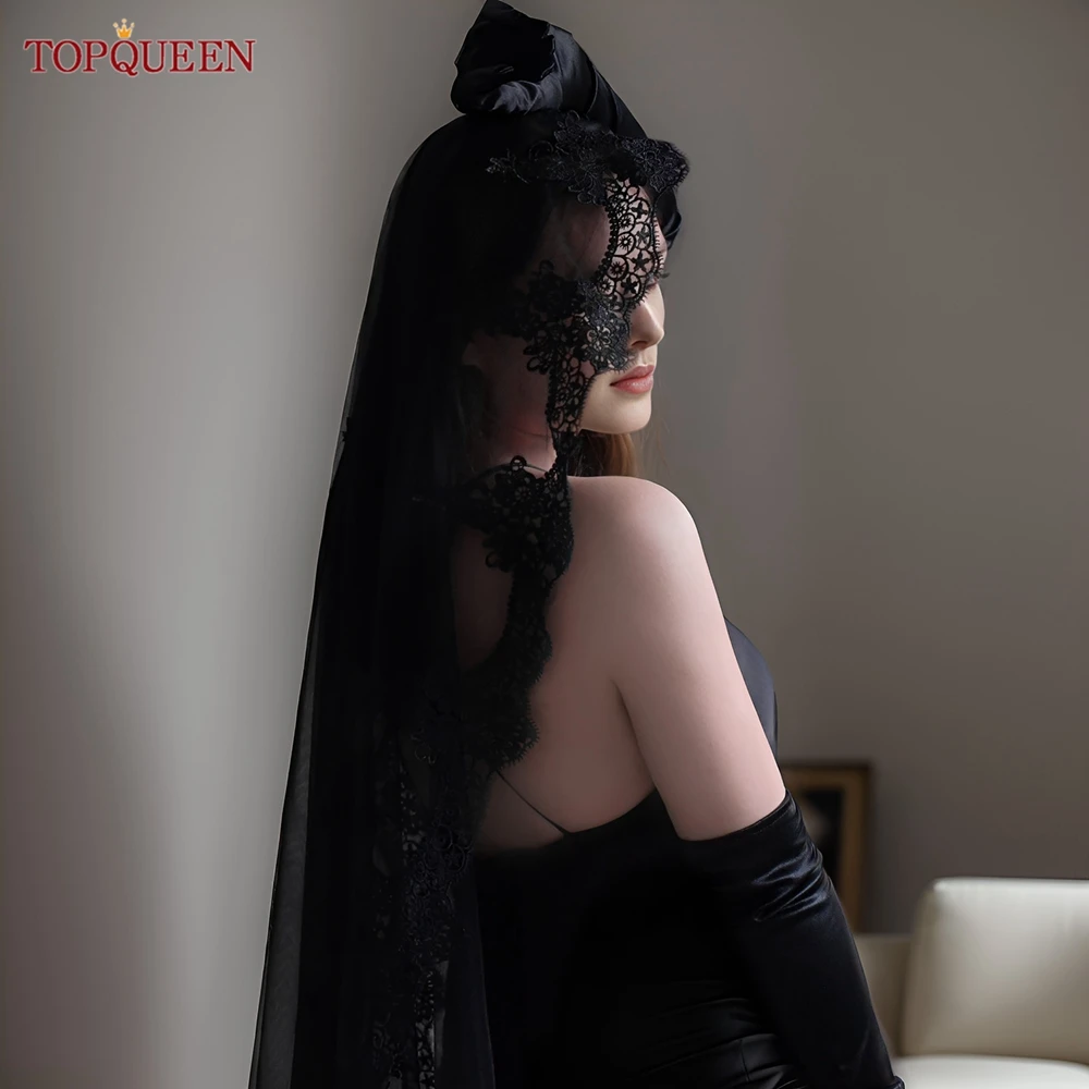 TOPQUEEN Double Layers Black Lace Edging Veil Halloween Collection Black Blusher Accessory Velo Negro Encaje Mantilla V224