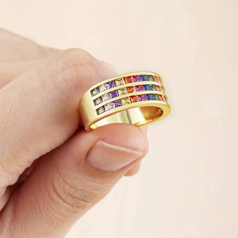 Nidin Luxury Geometry Three Layer Rainbow Shiny Rhinestone Cubic Zirconia Ring Women Retro Jewelry Creative Engagement Gift