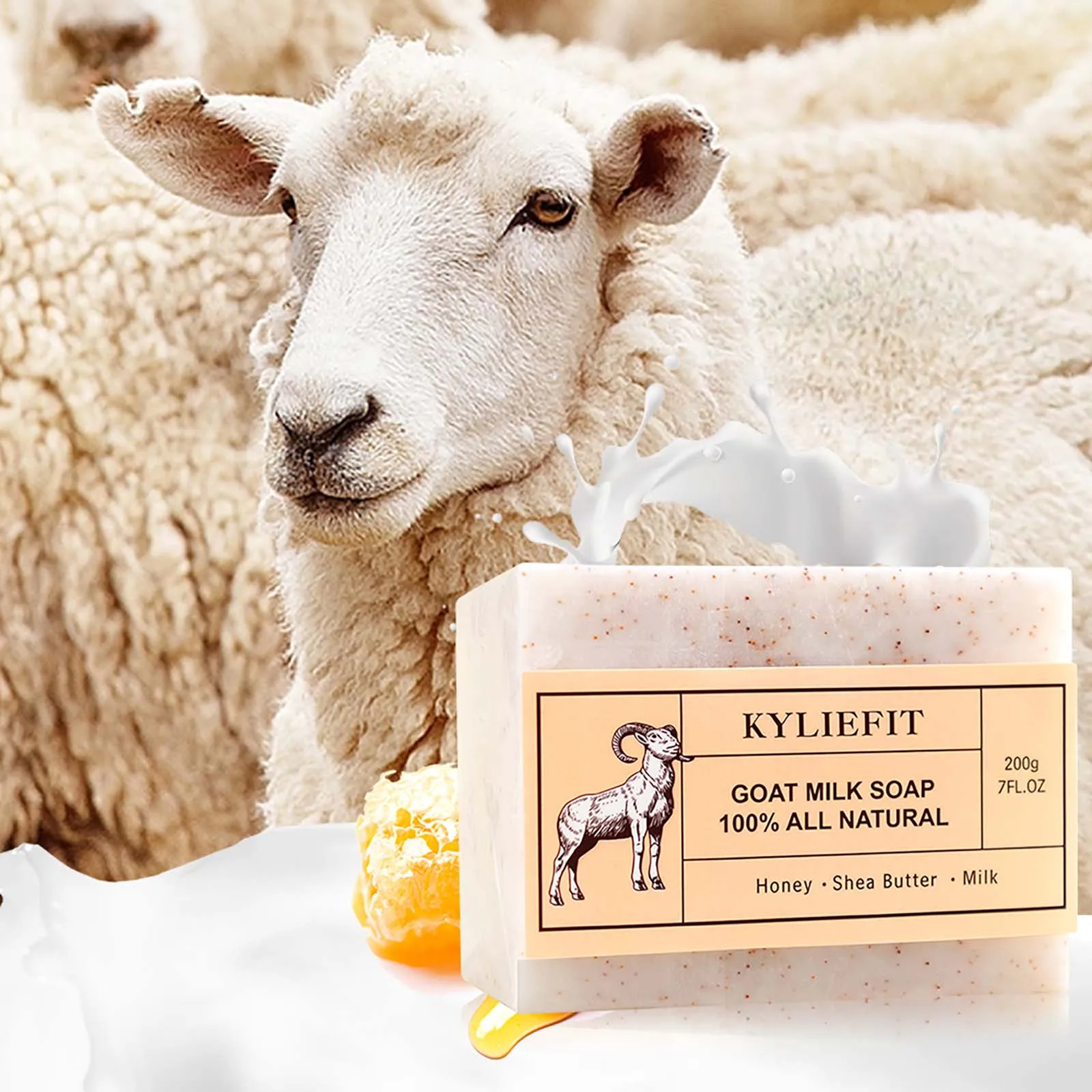 KYLIEFIT Goat Milk Soap Bar, 100% All Natural, Lightening, Cleaning, Moisturizing, With Honey, Shea Butter, Milk, 200g/ 7 oz