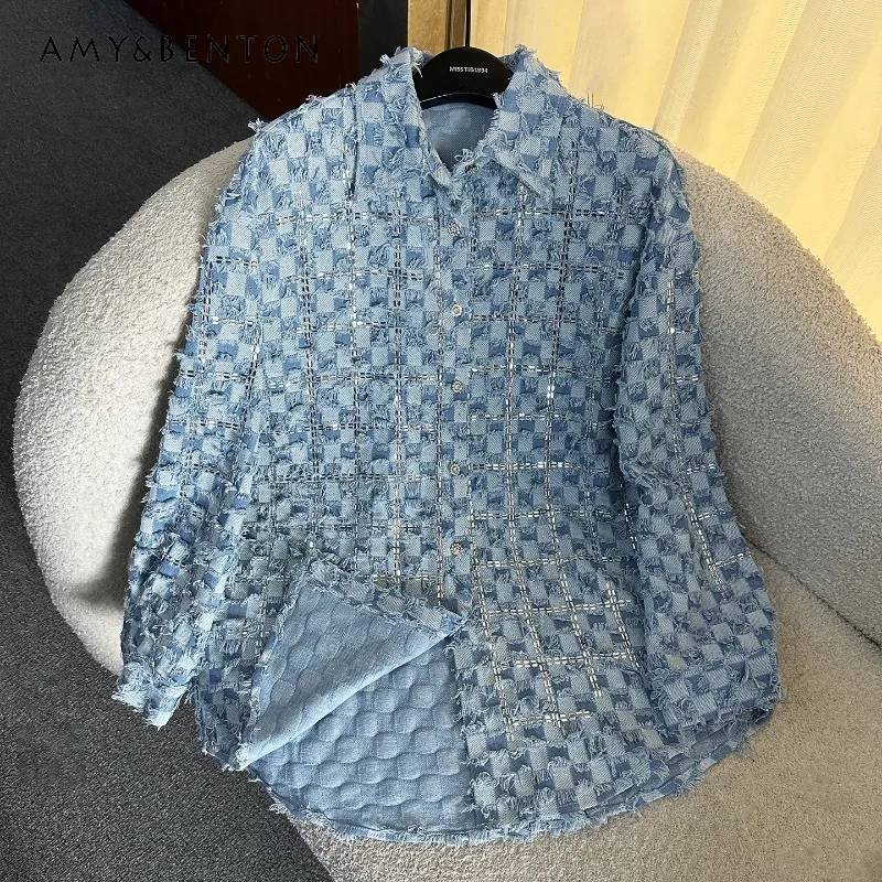 Heavy Industry New Tassel Design Denim Long Sleeves Blouse Jacket For Women's Loose Fashion Casual Top 2025 Autumn New Y2k Shirt