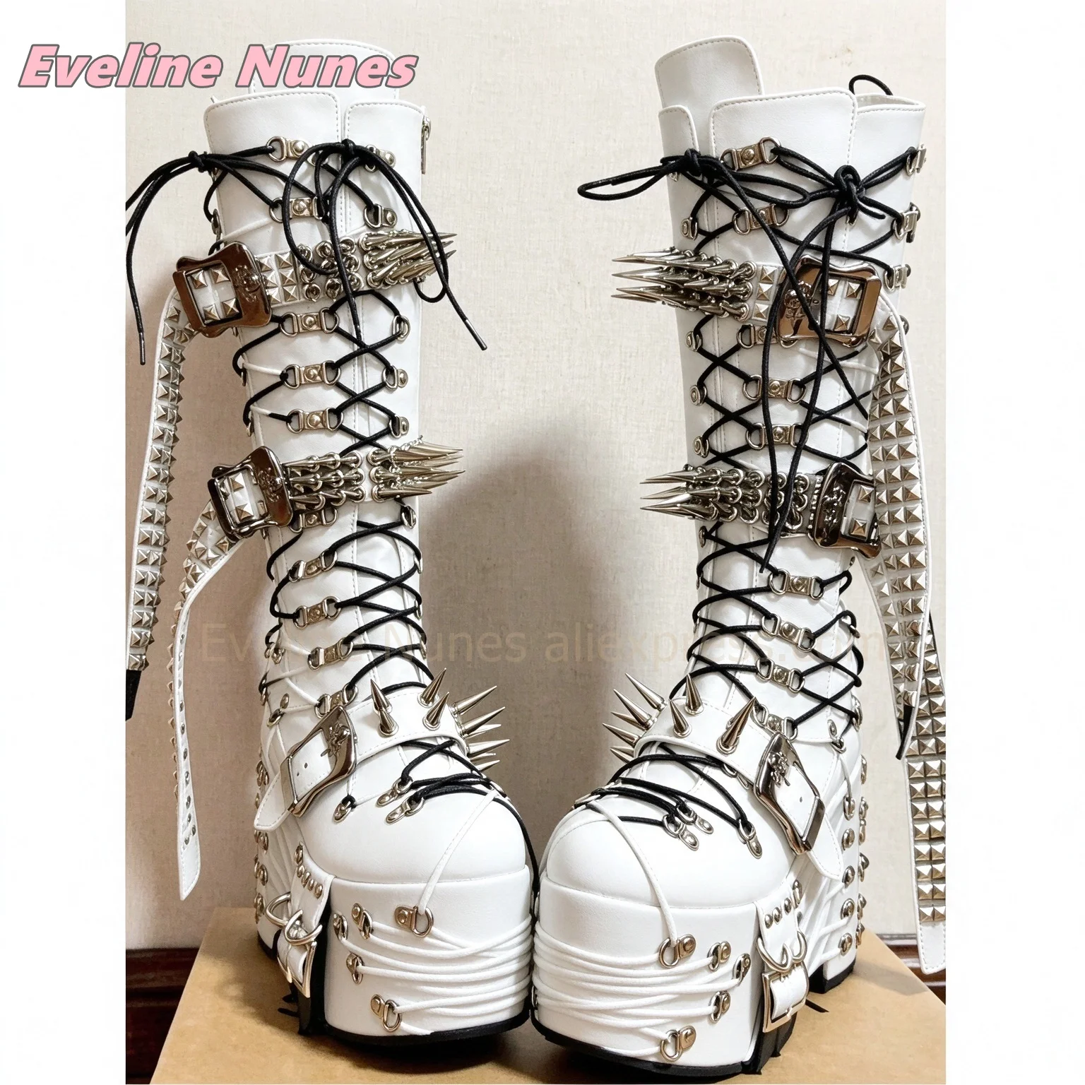 Gothic Rock Women Red Platform Motorcycle Boots Metal Spikes Studs Multi Buckle Lace Up Knee High Boots Boots Side Zip Cosplay