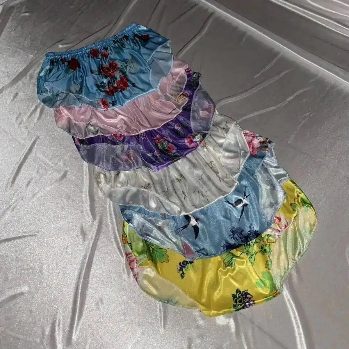 

Floral Print Satin See Through Lingerie Panties Women Purple Plus Size Underwear Sexy Briefs