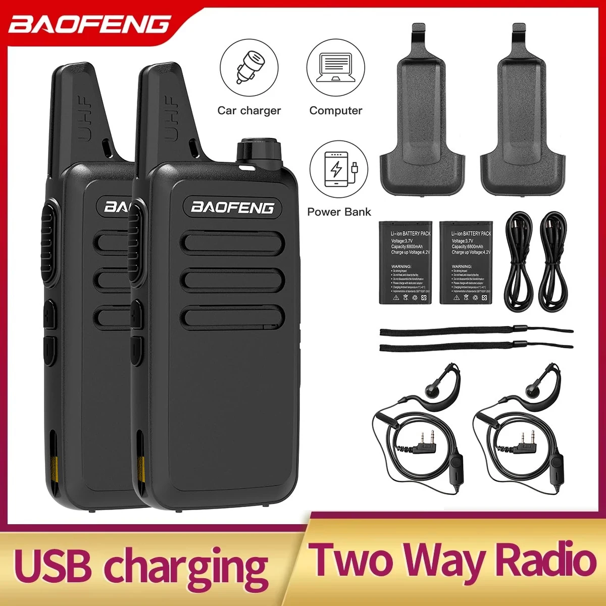 Baofeng – Mini talkie-walkie analogique BF T20 2W pour adultes, avec écouteur, chargement USB, VOX, mains libres, Ham, Radio bidirectionnelle, 2 pièces, Original