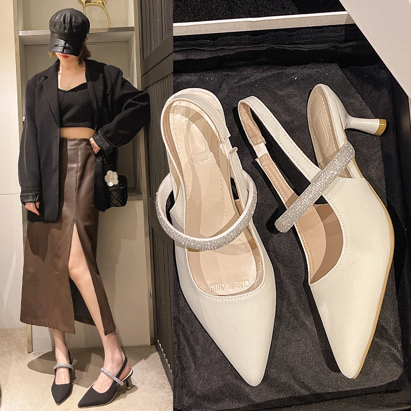 

Spring and Autumn High Heel Women Sandals New Versatile Thin Heel Fashion Comfort Pointed Black Buckle Strap Single Shoe Women