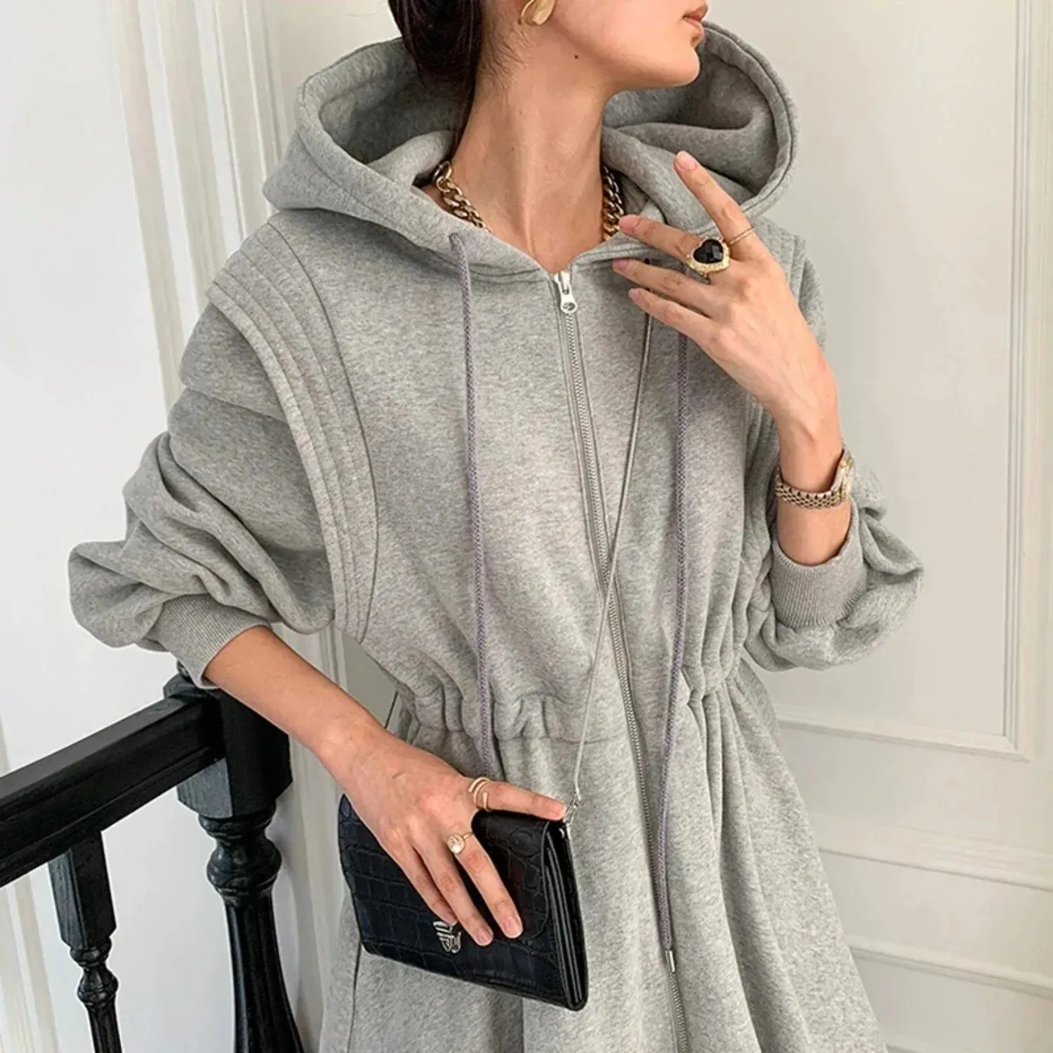 

Chic Gray Zipper Dress Women Hooded High Waist Vestido Ladies Clothing Korean Long Sleeve Elegant Dresses Female Autumn