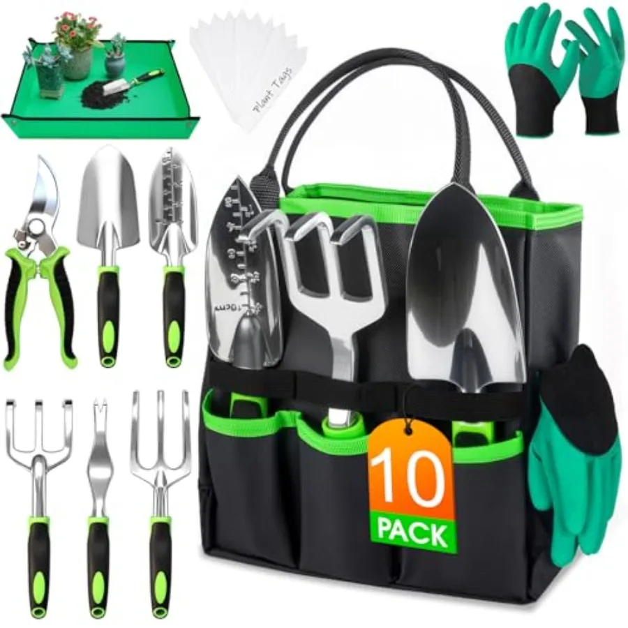 BOX Garden Tools Set - 10 PCS, Heavy Duty Gardening Hand Tools Kit with Storage Tote, Rust-Resistant Gardening plies for Planti