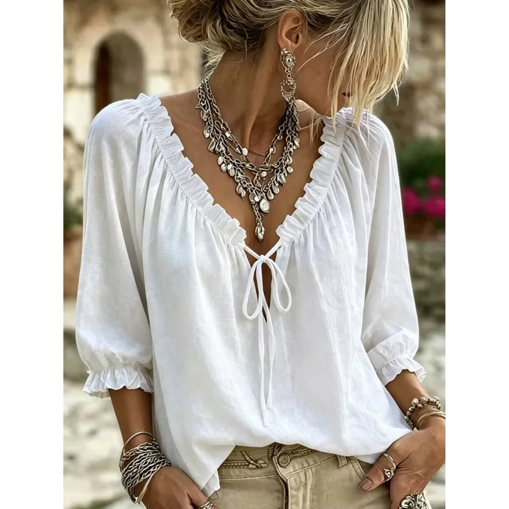 Solid Color Neck Drawstring Lace Long Sleee For Top for Women Designed for Summer acation Beach and Outdoor Cycling