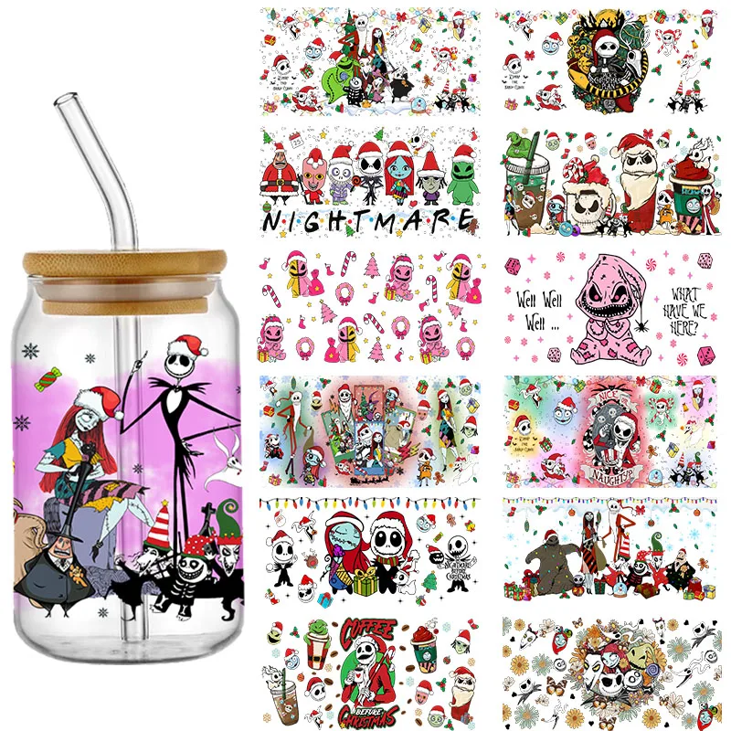 

Рождественские наклейки «Кошмар» Jack Sally, водонепроницаемые, УФ DTF, чашки, кружки, наклейки, сделай сам, 3D наклейка для стекла Libbey 16 унций