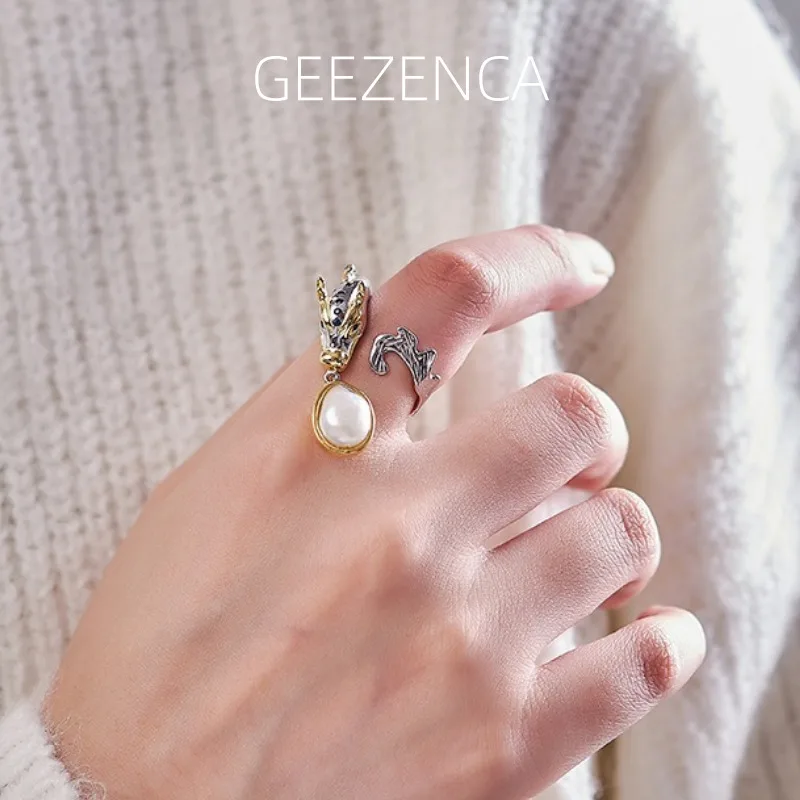 GEEZENCA S925 Silver Two Toned Dragon Shape Open Rings Women Pearl Charm Cubic Zirconia Dainty Chunky Statement Ring Party Gift