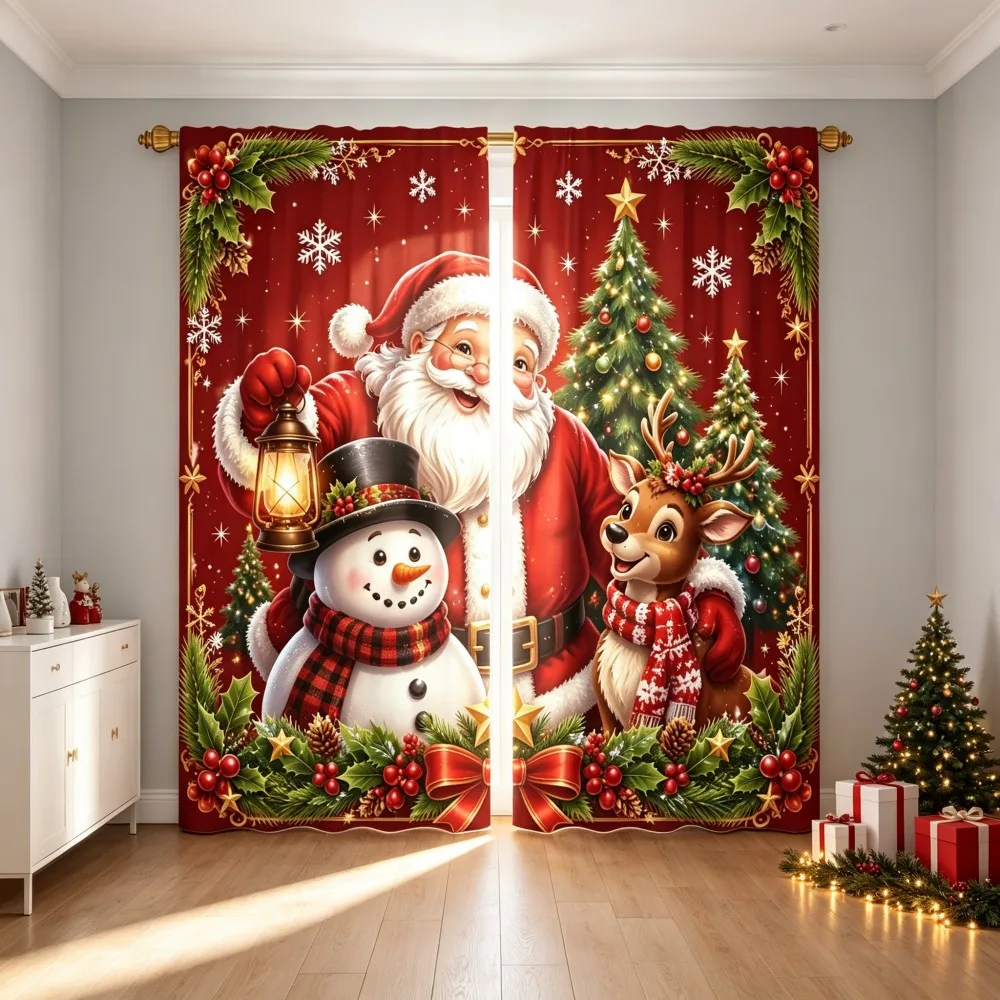 2PCS Christmas Winter Curtains, Santa Snowman Reindeer Tree Pine Berry, Digital Print, Bedroom Living Room, Home Decor