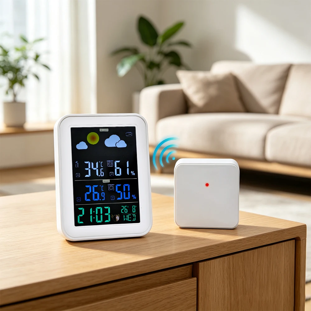 This 1-pc LED weather station alarm clock features a color display, accurate weather forecasts, two alarms, indoor/outdoor maxim